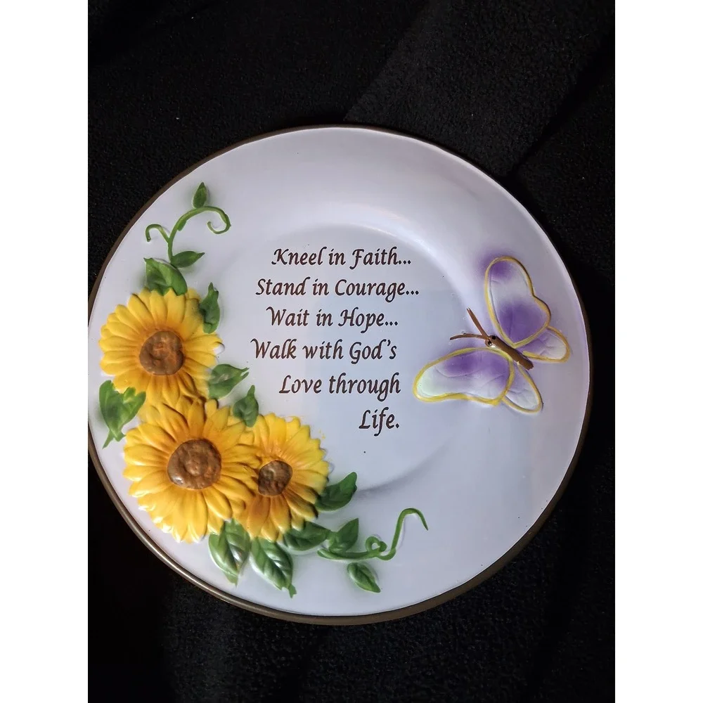Inspirational Sunflower Butterfly Faith Decorative Plate 8 Inch 3D Ceramic